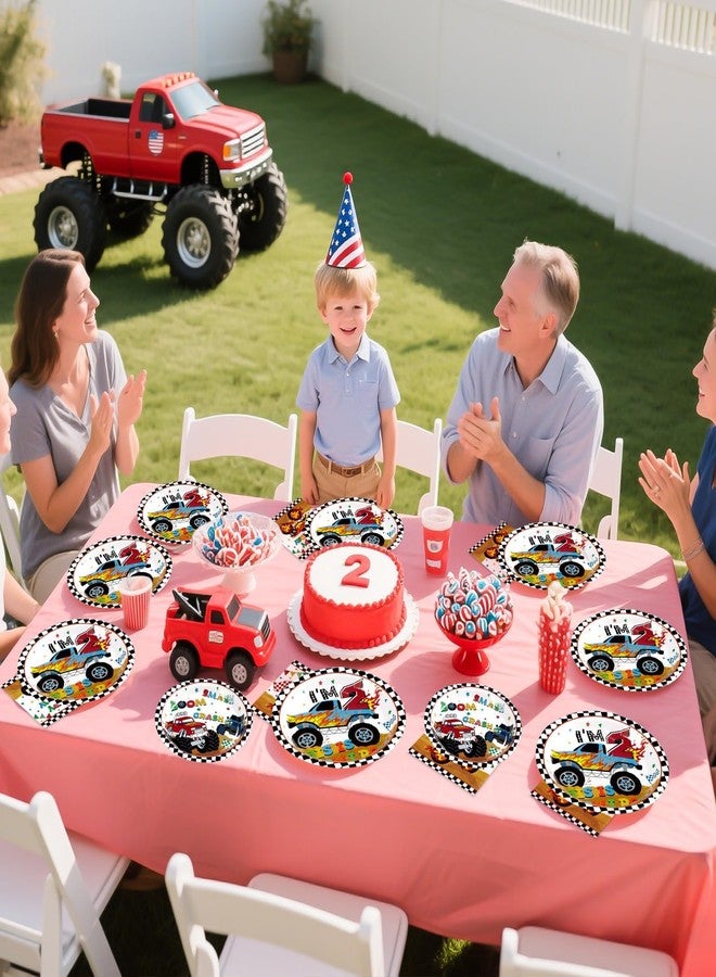 Grencian 96 Pcs Monster Cartoon Truck 2nd Birthday Party Supplies I’m 2 Truck Plates Checkered Tableware Set Racing Car Decorations for Two Year Old Kids Boys Truck Theme Party Serves 24 - Image 5